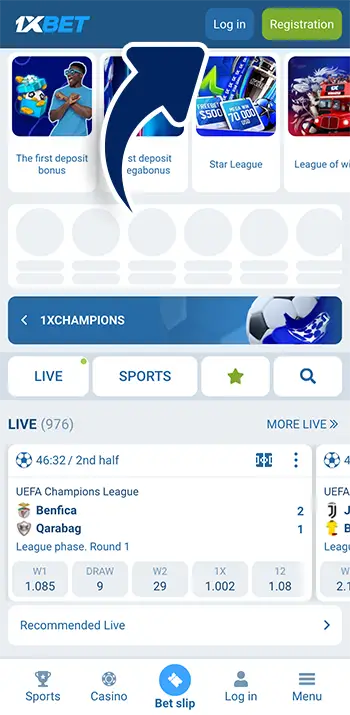 Step 2 - Find the Login button on 1xBet homepage