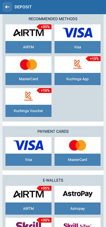 Choose your preferred deposit method in 1xBet