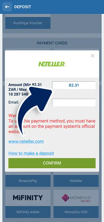 Enter the deposit amount in 1xBet