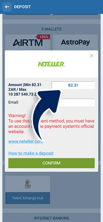 Enter withdrawal amount in 1xBet