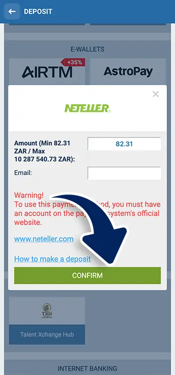 Confirm the withdrawal in 1xBet