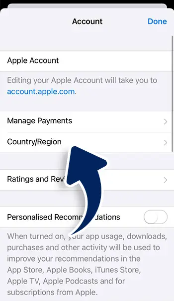 Step 2 - Tap Country/Region and choose Change Country/Region