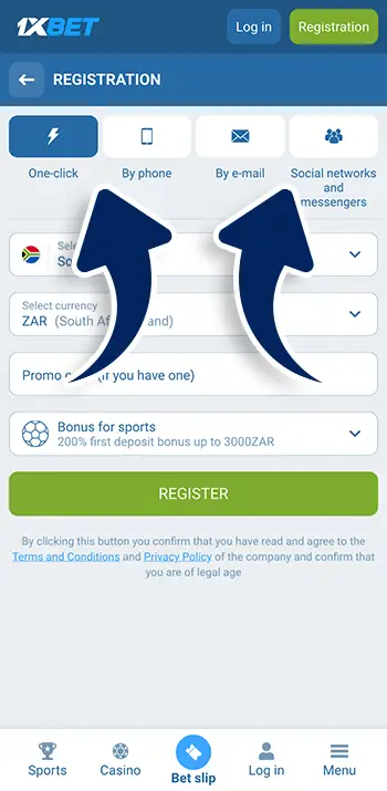 Step 3 - Choose how you want to sign up on 1xBet