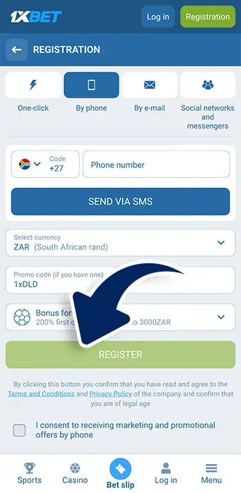 Step 6 - Click Register to finish signing up on 1xBet