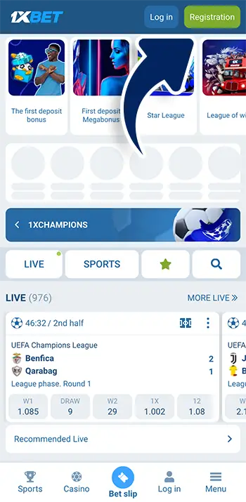 Step 2 - Click the Registration button on 1xBet homepage