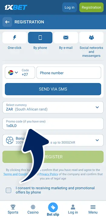 Step 5 - Enter your special promo code for 1xBet bonus